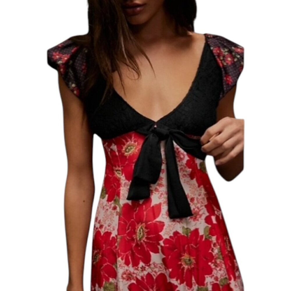 Free People Aurora Dress Red Floral A-line Mini Babydoll Puff Sleeves Large NWOT